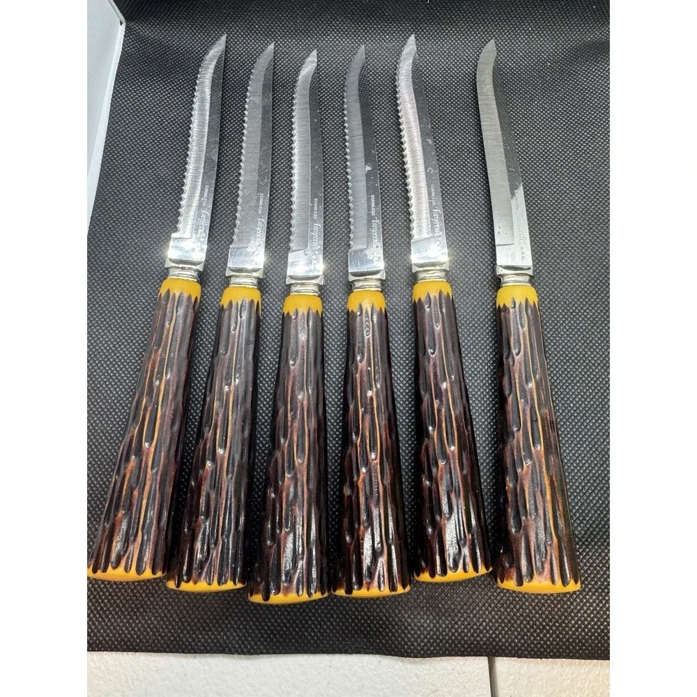 Vintage Forgecraft USA Steak Knives Set of 6 Faux Stag Drip Handle Stainless